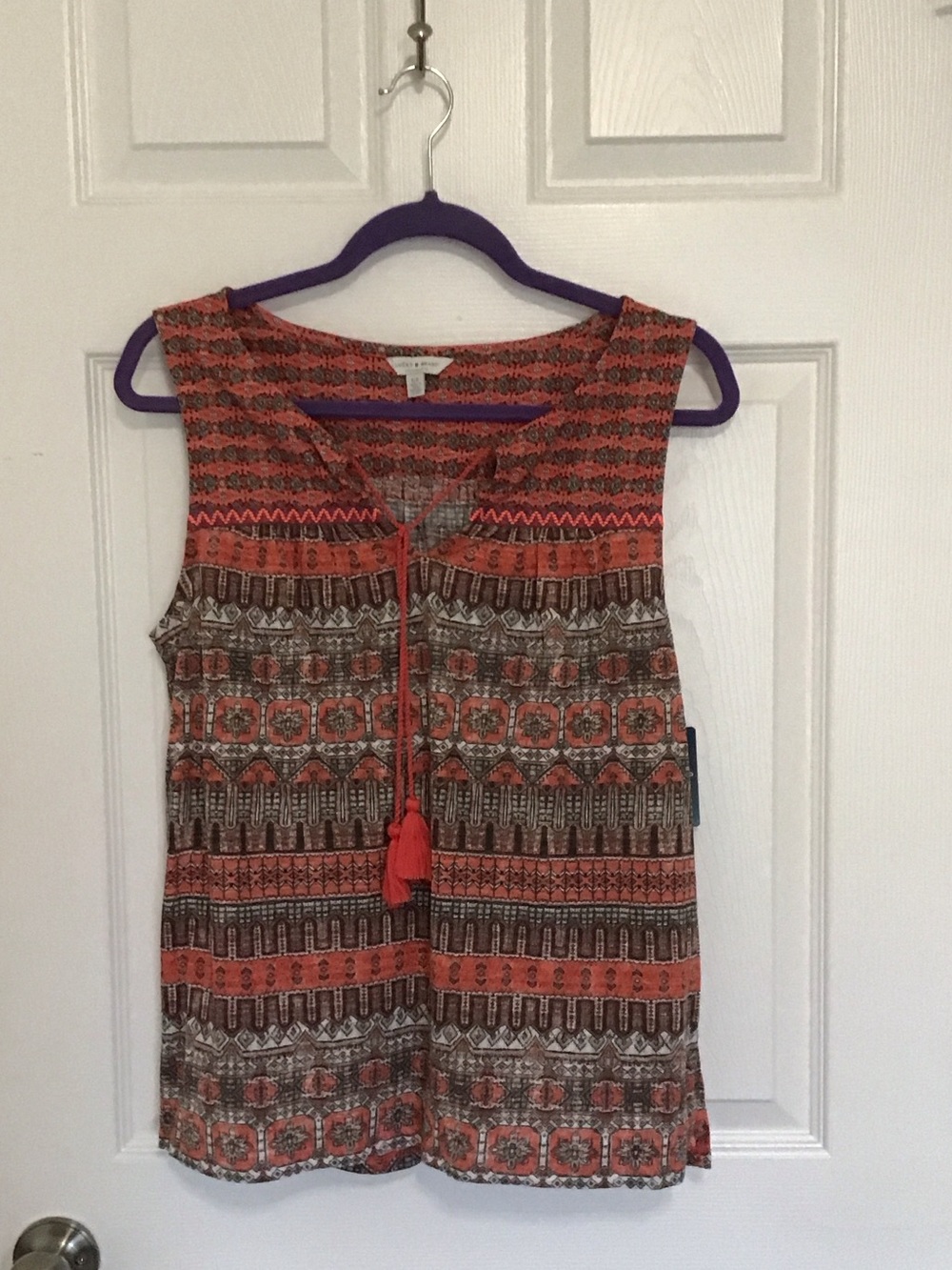 Lucky Brand Orange and Brown Sleeveless Boho Tassel Camisole